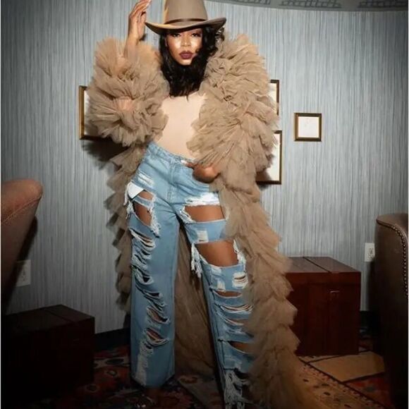 Plus Size Nude Tulle Ruffle Duster Coat